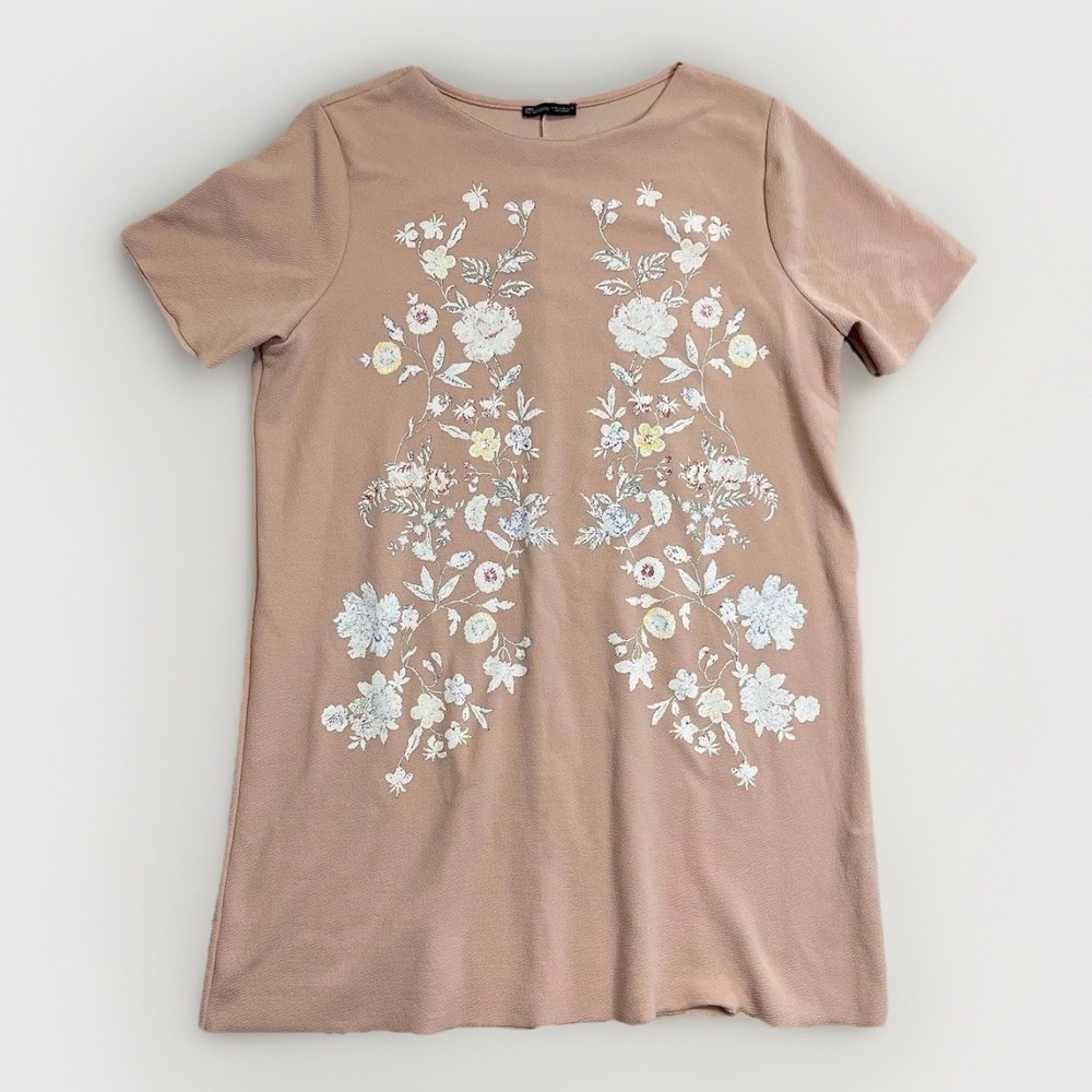 Zara Ladies Floral Pink Peach Dress raw hem Size XL